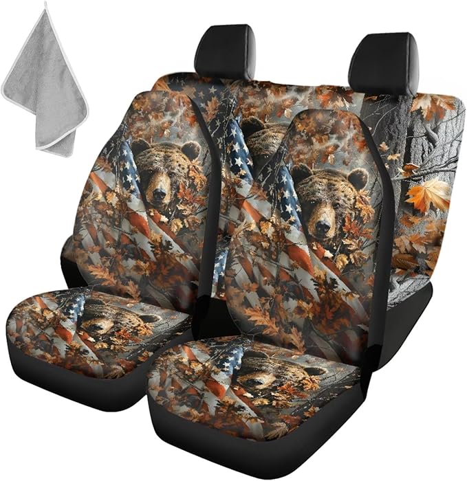 KEIAHUAN Car Seat Covers Front & Rear American Flag Brown Bear Automotive Bucket Seat Covers & Rear Split Bench Seat Cushion Pads Fit Most Cars, Trucks, SUV or Vans