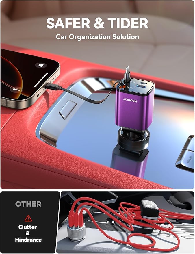 [2026 Ultra-Compact] Retractable Car Charger USB C 84W Car Accessories Adapter for iPhone 16 Fast Charging, Car Travel Essentials Gifts for Women Men, Car Phone Charger for iPhone15 Pro Max, Purple
