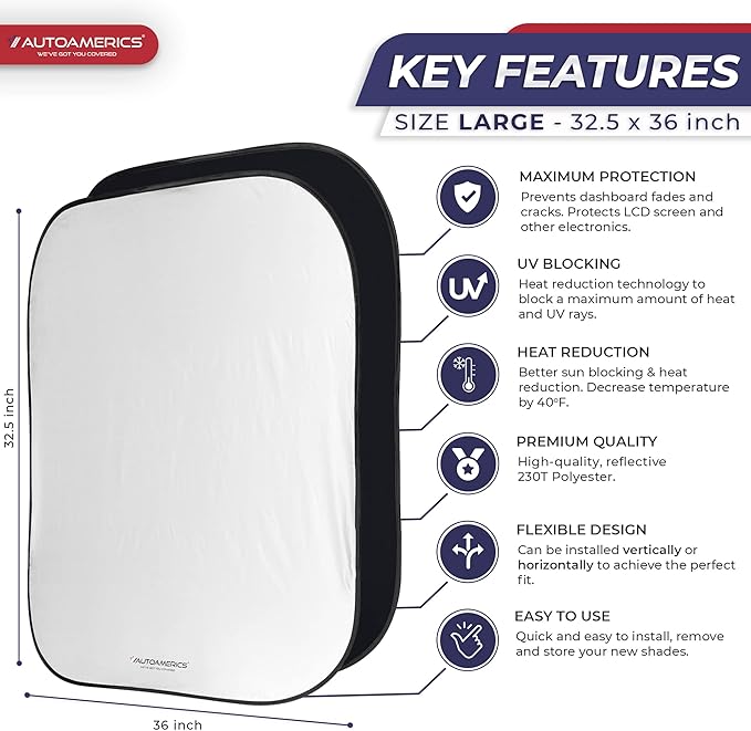 Autoamerics Windshield Sun Shade 2-Piece Foldable Car Front Window Sunshade for Full Size SUV Truck Tesla - Auto Sun Blocker Visor Protector Blocks Max UV Rays and Keeps Your Vehicle Cool - Large Fit