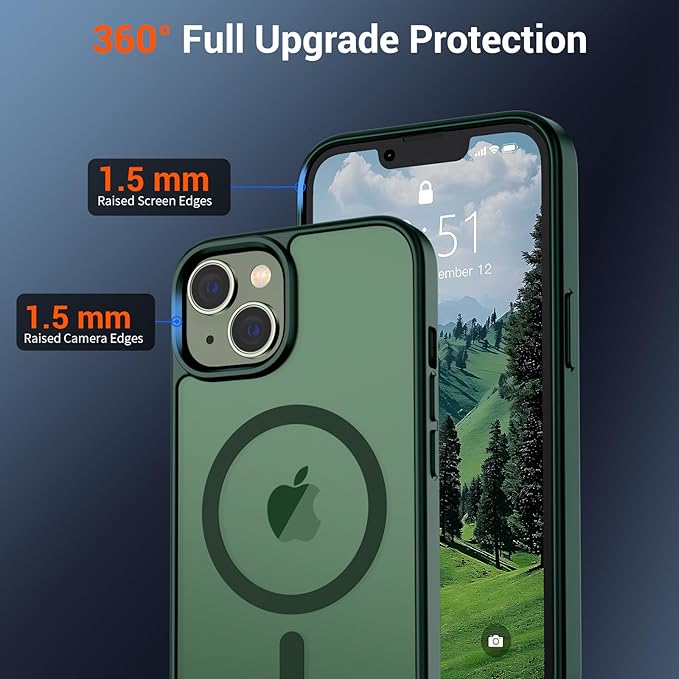 SUPFINE Magnetic for iPhone 14 Case & iPhone 13 Case (Compatible with MagSafe)(Military Grade Drop Protection) Slim Translucent Matte Shockproof Phone Cover,Forest Green
