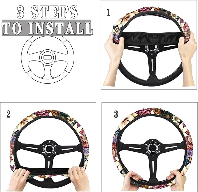 AFPANQZ Boho Flower Pattern Auto Steering Wheel Covers Sweat Absorption Comfort Grip Anti-Slip Safety Stretch-on 14-15 inch Easy Fix Machine Washable Steering Wheel Protection