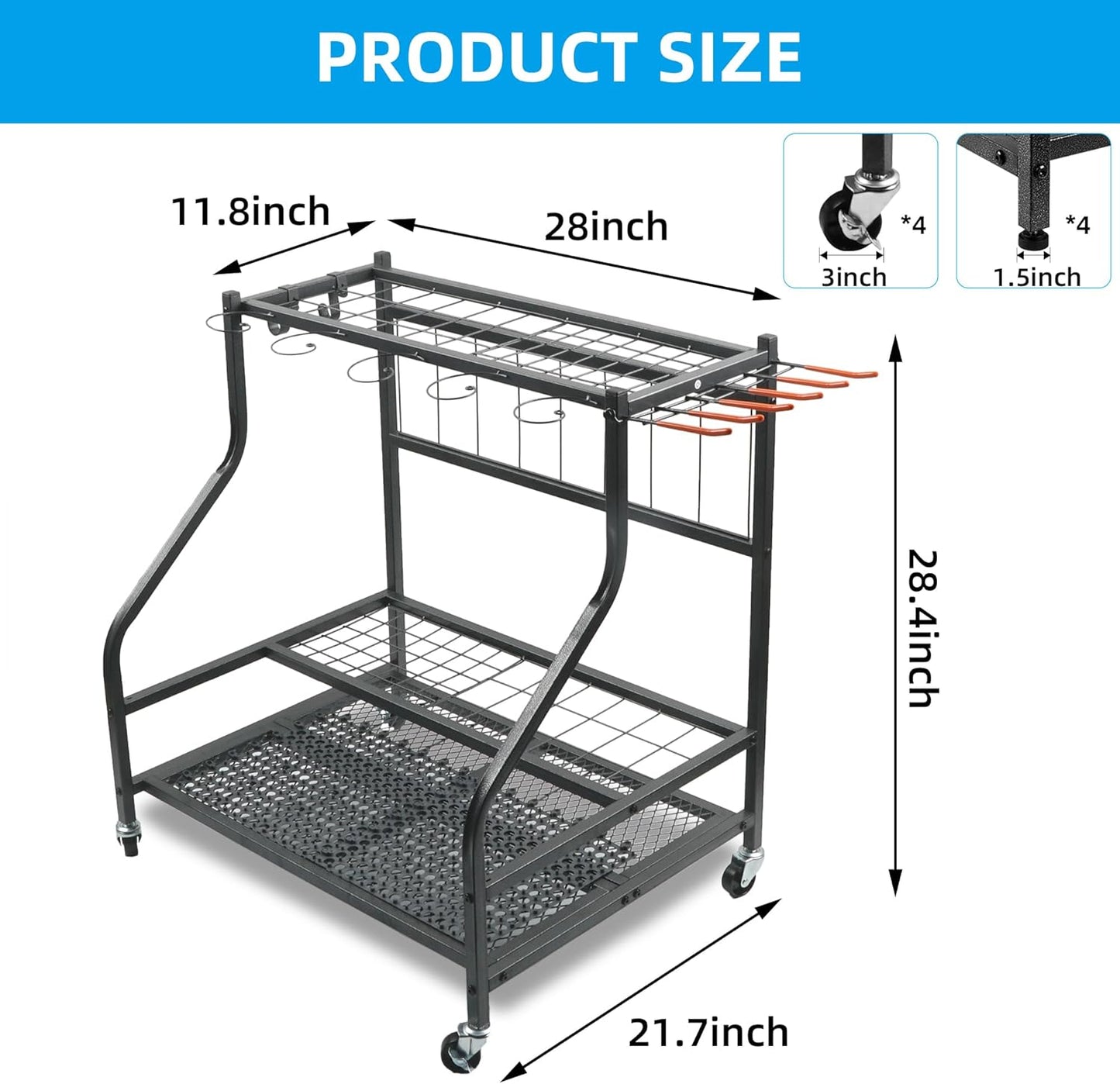 Garden Tool Organizer for Garage,Tool Organizers and Storage，Garden Tool Rack,Yard Tool Storage,Garden Tool Stand,Up to 58 Long-Handled Tools,4 multi-direction wheels lockable (28.4 inch)