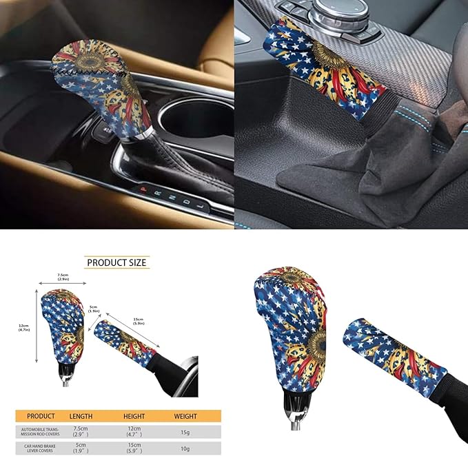American Flag Steering Wheel Cover Car Accessories for Women Sunflower Print Car Armrest Cover Handbrake Coer Auto Interior Sets-6pcs