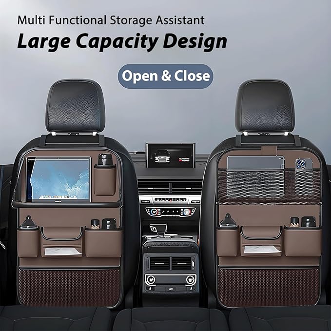 2 Pack Universal Foldable Car Backseat Organizer with Table Tray, Car Seat Back Protector with Touch Screen Phone Holder, Premium Leather Kick Mats with Storage Pockets Tissue Holder (Brown)