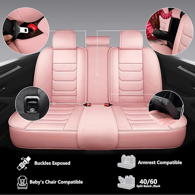 Full Coverage Faux Leather Car Seat Covers Full Set,Automotive Seat Covers for Cars,SUVs Pick-up Truck, Car Seat Cushion, Pink Seat Covers for 5 Seats,Car Seat Protector