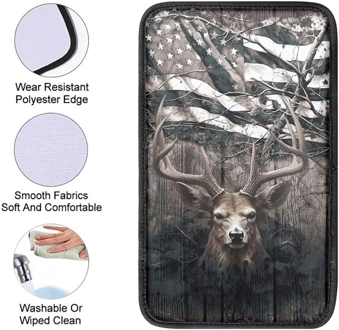 Retro Deer Camo US Flag Print Center Console Armrest Cover for Car,Hunting Deer Auto Interior Accessories for Men