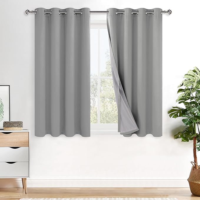 XWZO Full Shading Blackout Curtains 45 Inches Length with Tiebacks- Heat and Light Blocking Ring Top Window Drapes with Black Liner Backing for Bedroom/Kid's Room, Light Grey, W52 x L45, Set of 2