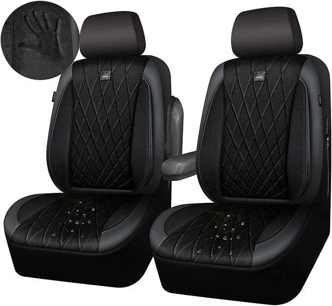 CAR PASS Luxury Faux Leather Car Seat Covers Front Seats, Breathable Soft Velvet Premium Automotive Seat Covers 2 Pack, Armrest Airbag Compatible Universal Fit for Most Sedan SUV Van Truck, Black