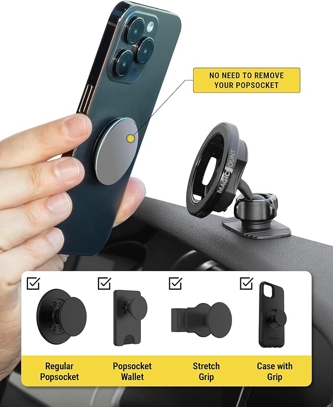 Scosche MagSafe Car Mount, Magnetic Phone Holder for Car Dashboard & Vent with 360° Rotation, 2-in-1 Cell Phone Mount for iPhone 17/16/15/14/13 & More w/MagicRing Adapter, Compatible with PopSockets