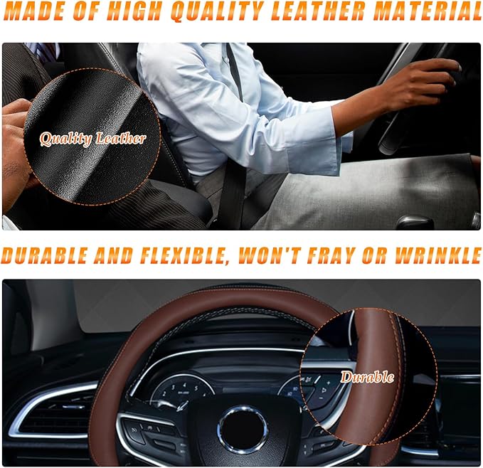 Ziciner Steering Wheel Cover, Soft Leather Premium Durable Elastic Auto Wheel Cover Protector, Stretch Breathable Anti-Slip Lining, Universal 14.5-15 inch Car Interior Accessories (Coffee)