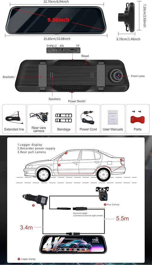 CAMECHO 4K Mirror Dash Cam Front and Rear, WiFi Rear View Mirror Camera, 9.66" Full Touch Screen, Dash Camera for Cars, Night Vision, G-Sensor, Loop Recording, Reverse Assist