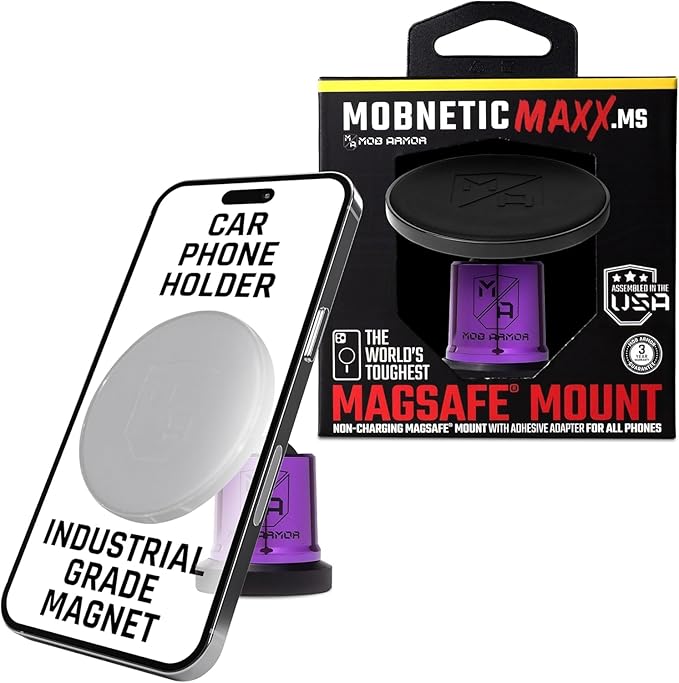 Mob Armor MobNetic Maxx MS - MagSafe Compatible Car Phone Mount w/ 90º Tilt, 360º Rotation & Durable Aluminum Build, Magnetic Holder for iPhone & Android Devices, USA Assembled - Purple Chrome