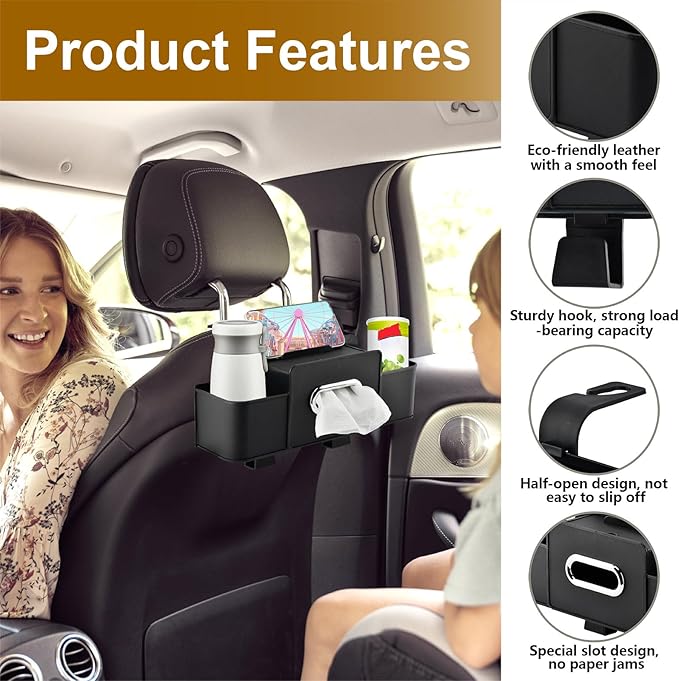 4-in-1 Back Seat Car Organizer with Extra Large Capacity, 2 Cup Holders, Tissue Box Dispenser & Storage Hook for Phone, Snacks, Toys(Black)