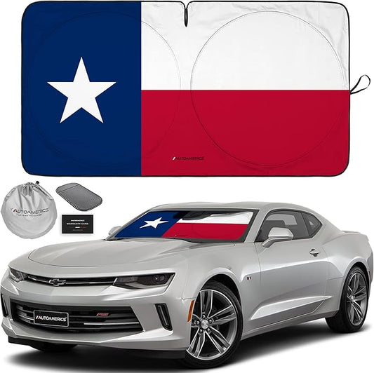 Autoamerics 1-Piece Windshield Sun Shade American Texas Flag USA Patriotic Design - Foldable Car Front Window Sunshade for Sedans SUV Truck - Blocks Max UV Rays and Keeps Your Vehicle Cool - Small