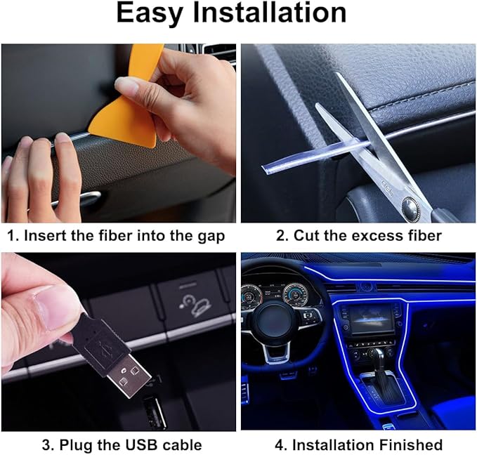 EL Wire Interior Car LED Strip Lights, 16.5FT USB Neon Glowing Strobing El Wire Strip with 6mm Sewing Edge, Ambient Lighting Kits for Car Inside Decorations (Blue)
