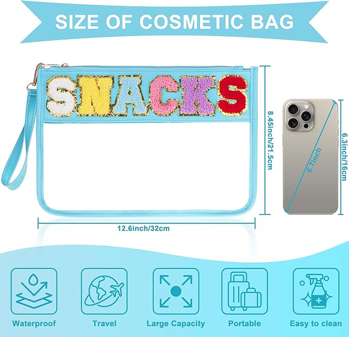 Snack Bag for Travel - Clear Chenille Varsity Letter Flat Pouch with Zipper, 12.2×8.46 inch Waterproof Clear Nylon Preppy Patch Makeup Cosmetic tote Bags for Women Girls