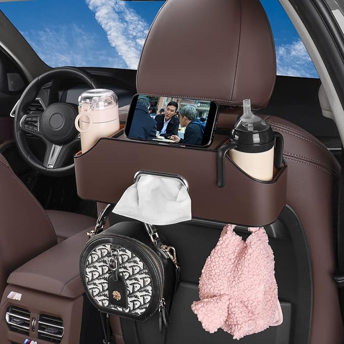 HOLDCY Car Back Seat Organizer with 2 Drink Cup Holder - Tissue Box and Storage Box Hook - Multi-functional Storage - Great for Kids and Travel (Brown)