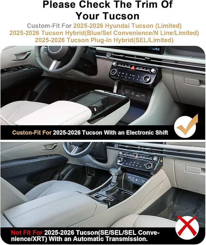 2026 Tucson Center Console Organizer - 2 Pcs Double-Layer Armrest Box Organizer+Lower Center Console Tray for 2025-2026 Tucson(Limited)/Tucson Hybrid - ONLY Fit 2025-2026 Tucson with Electronic Shift