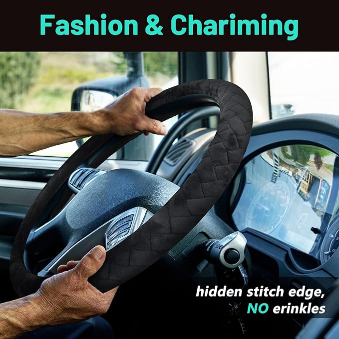 18 Inch Truck Steering Wheel Cover Velvet Wheel Semi-Truck Comfy Grip Cover Anti Slip Car Accessory, Fits Rv, Big Rig and Classic Car (Black, Fashion Style)
