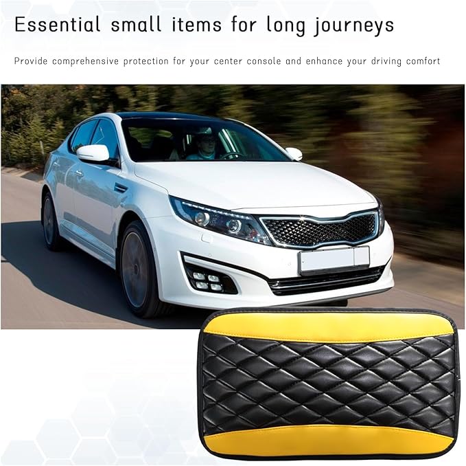 Car Center Console Cushion Pad, Universal Leather Waterproof Armrest Seat Box Cover, Comfortable Auto Armrest Cover Protector, Car Interior Decor Accessories for Most Vehicles (Black & Yellow)