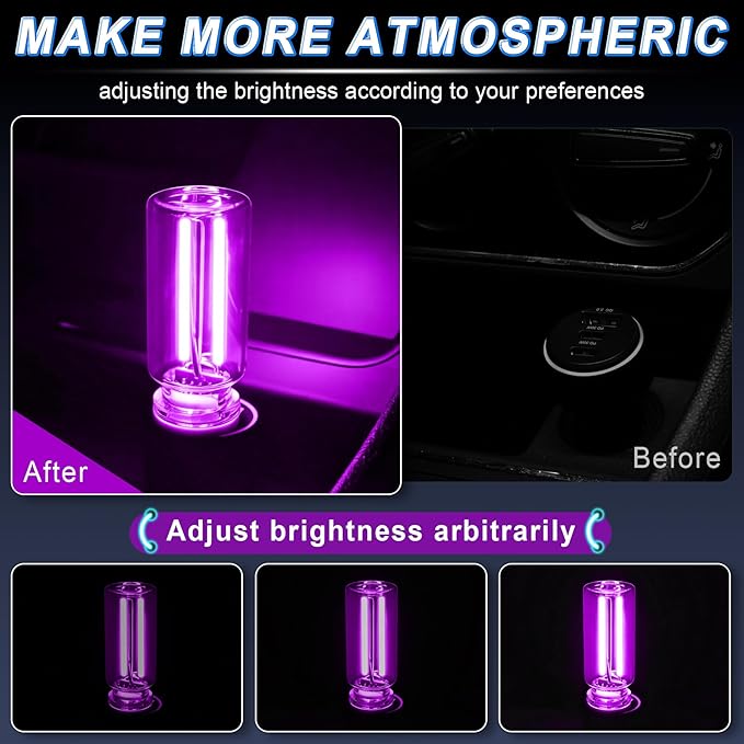 iFunyLED Car Interior USB LED Night Light, Portable Touch dimmable Car Ambient Lighting Kit, Retro Mini Transparent Glass Bottle Lamp Decorations for Vehicle Camping Bedroom Hallway, Pack of 2(Purple)