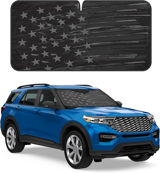Motor Trend USA Vintage Flag Car Windshield Sun Shade for Front Window, Foldable Car Sun Shade with Patriotic Graphic, Collapsible Sun Visor Sunshade for Cars Windshield (Large, 69 x 35 inches)