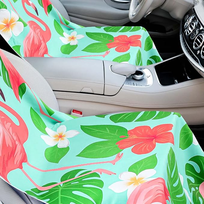 2 Pack Car Seat Towel Covers with Storage Bag 63 x 32 Inch Athletic Running Towel Seat Sweat Washable Non Slip Cover Gift for Car Outdoor Sport Activities (Green Leaf Flamingo)