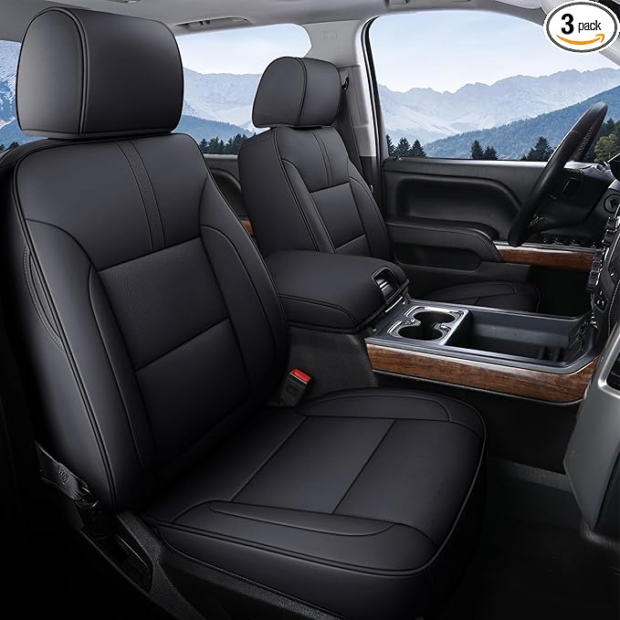 Coverado Chevy Silverado Seat Covers, Faux Leather Seat Covers Fit for Chevy Silverado GMC Sierra 2007-2025 1500, 2015-2025 2500HD 3500HD Crew Double Extended Cab (Front, Black)