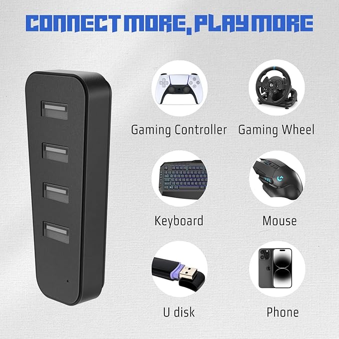 TNP 4 Port USB Hub for PS5 Slim Edition - High-Speed USB 2.0 Port Extender Adapter Accessories Expansion Hub Connector Expander for PlayStation 5 Slim ONLY, Black