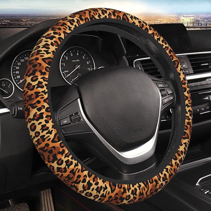 Leopard Print Steering Wheel Cover Women Men Elastic Stretch Soft Car Wheel Protector Universal Breathable No-Slip Car Accessories for Truck Van SUV Auto Fit 14-15 Inches