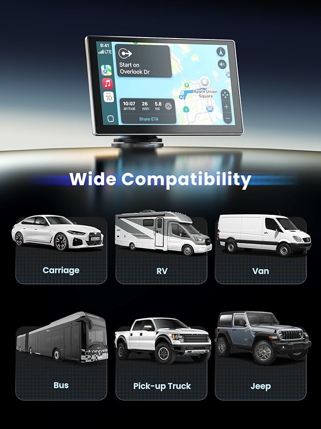 Portable CarPlay Screen for Car, 9'' Wireless Apple CarPlay & Android Auto Screen for Car, 4K Dash Cam, 1080P Backup Camera, GPS Navigation/Bluetooth/FM/Siri Voice Control for All Vehicles