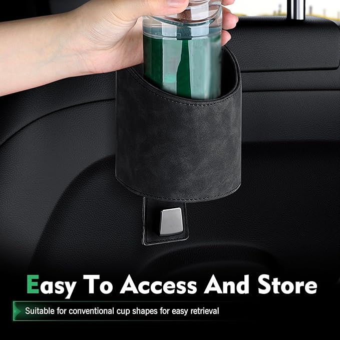 2PCS Car Headrest Cup Holder Organizer, Faux Leather Suede 2-in-1 Backseat Drink Holder with Hooks, Stable Spill-Resistant Storage for Drinks Bottles Bags, Universal Auto Interior Accessory (Black)