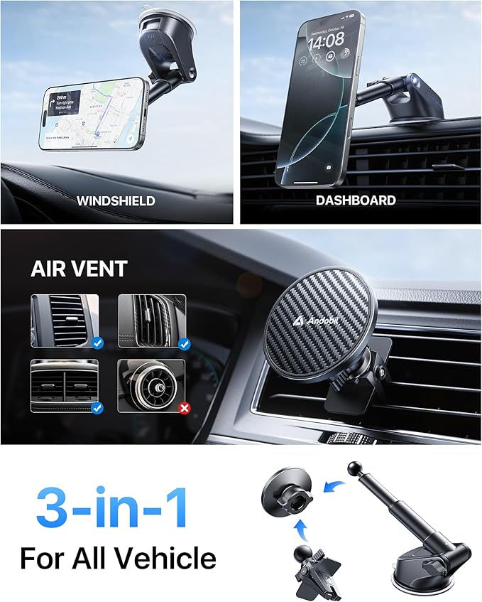 【Military-Grade】andobil 3 in1 Magnetic Phone Holder for Car Dashboard Windshield Vent 【Upgrade Suction & Strongest Magnet】Retractable for MagSafe Car Mount Mats for iPhone 17 16 15 14 Pro Max Sumsung
