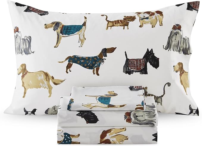 Ivellow Twin Sheets Set Kids 100% Natural Cotton Sheets Soft Breathable Lightweight Percale Bed Sheets 16" Deep Pocket Cartoon Dog Puppy Patterned Sheets Kids Twin Bedding Toddler Teen Dorm Essentials