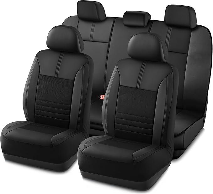 PIC AUTO Car Seat Cover, Premium Leather & Breathable Mesh Design, Front & Rear Full Set Bucket Seat Covers, Universal Fit for Cars, Trucks, Vans, SUVs, Airbag Compatible (Black)