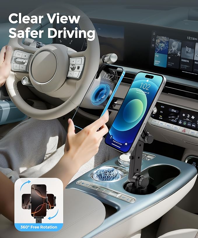 Dual Cup Phone Holder for Car, Cup Mount, Holds 2 Phones Simultaneously, car Phone Mount Compatible with MagSafe, Fits iPhone/Samsung/Motorola/Google/LG/TCL & 4.0-7.0 Inch Smartphones