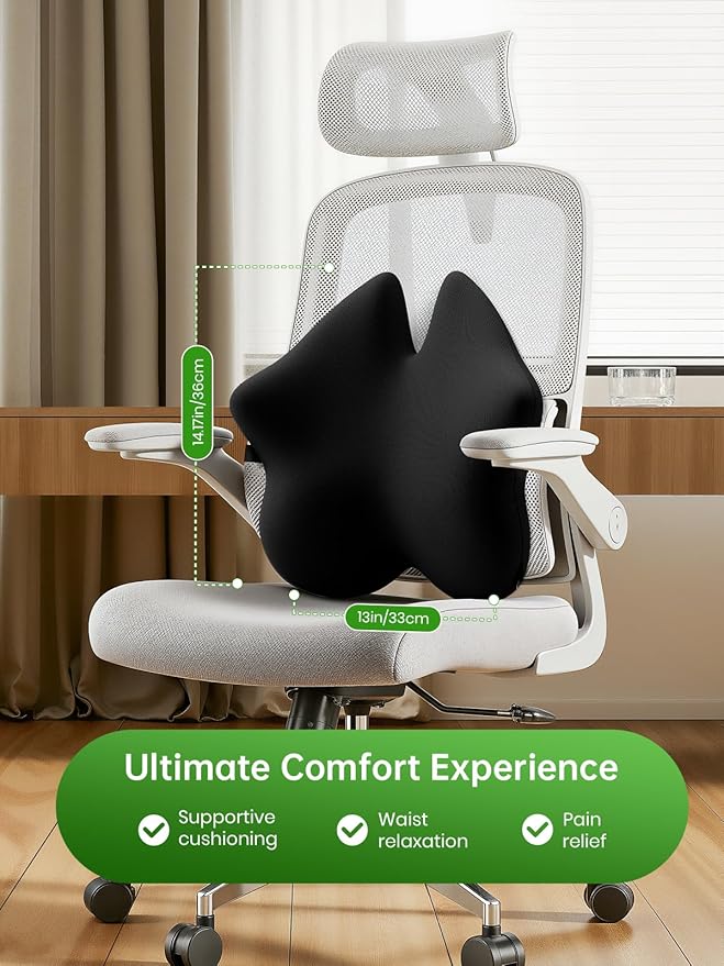 Benazcap Lumbar Pillow, Back Support for Office Chair, Car Seat, Sofa, Travel, Ergonomic Multi-Region Memory Foam & Adjustable Straps, Lower Back Pain Relief and Improved Posture Effectively, Black