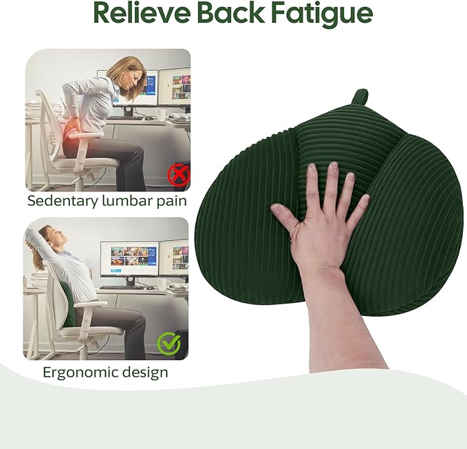 Lumbar Support Pillow for Recliner, Back Support Pillow for Office Chair, Back Cushion with Shredded Foam for Back Pain Relief & Reading, Lumbar Cushions for Couch, Sofa Seat, Car, Green