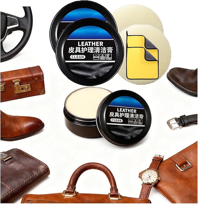 XIRUJNFD 160g/5.6oz Cleaning and Care Cream for Leather Care Conditioner, Restores & Protects for Dashboard, Steering Wheel Protection, Bag, Clothing, Sofa, Furniture, with Towels & Sponges (2)