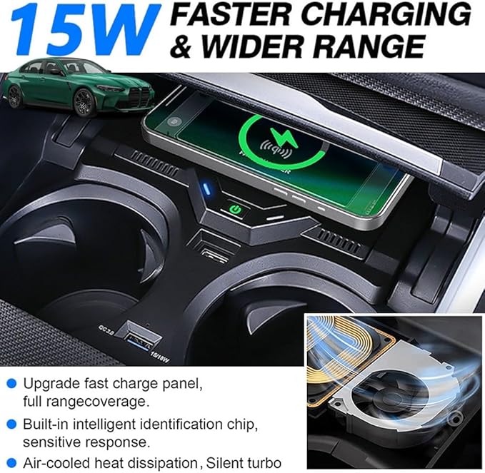 Wireless Car Charger for BMW 3 Series G20 2019-2024, for BMW 4 Series G22 2020-2024, for BMW 2 Series 2022-2024, OEM Custom Fit with 27W USB-A & Type-C Wireless Fast Phone Charging Pad
