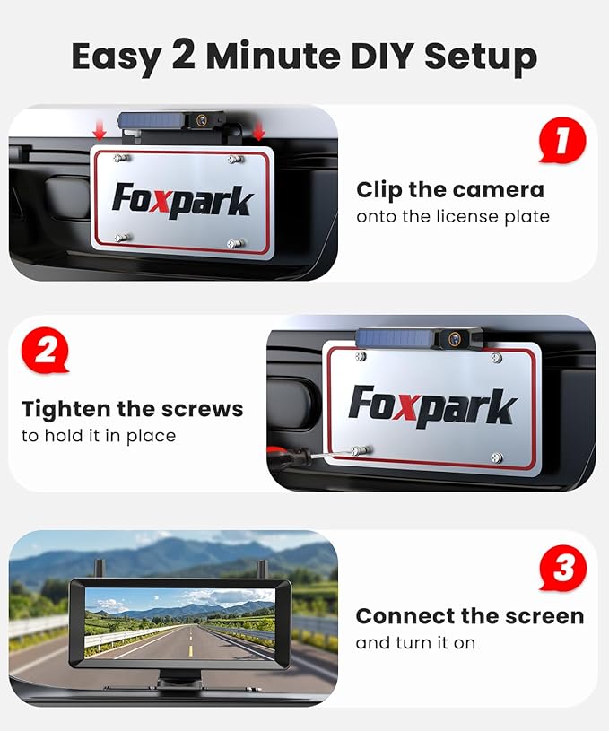 Solar Wireless Backup Camera: 7.2" 1080P Monitor, 2-Min DIY Installation, Dual Antennas, Split-Screen DVR Recording, IP69K Waterproof Reverse Camera for Car, Van, SUV, Truck, Trailer