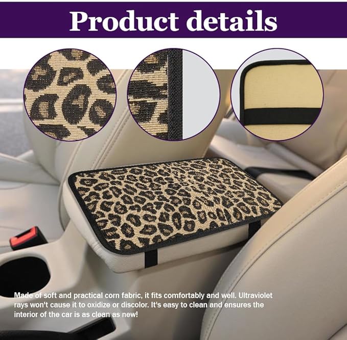 Leopard Cheetah Print African Animal Hunting Auto Center Console Armrest Pad, Car Center Console Cover, Auto Accessories Soft Comfort Armrest Cover Cushion Mat Fit for Most Cars (Gold)