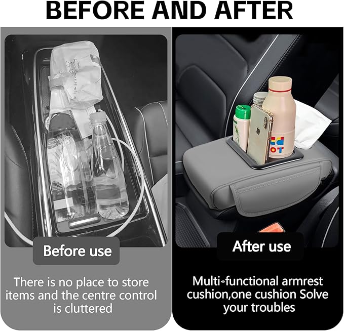 wuyaoyao Car Center Console Cover, 13.39"×8.27"×3.15" Leather Car Armrest Cover with Pocket & Tissue Box & Cup Holder, Multifunctional Auto Armrest Cushion Pad, Universal Car Accessories (Gray)