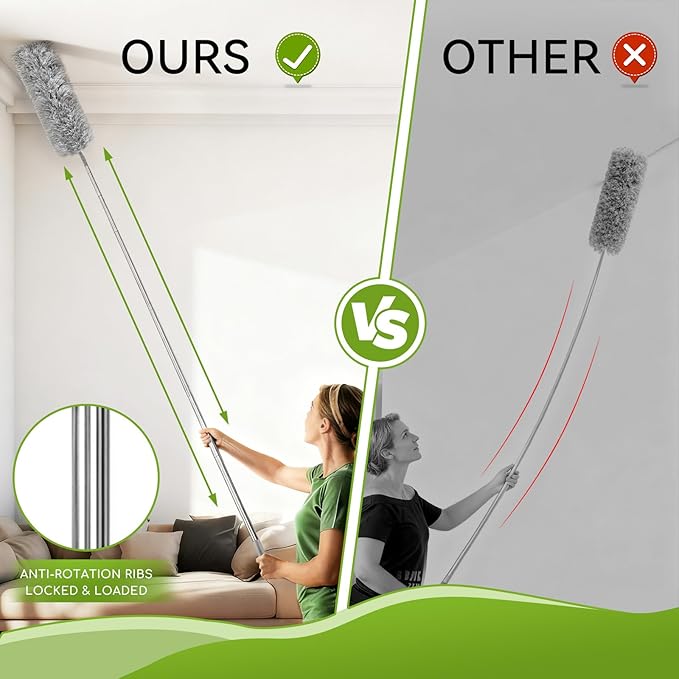 15-Piece Microfiber Feather Duster Set with Extension Pole (16.1" to 100"), Bendable Flat Duster for Under Appliances, Cobweb & Ceiling Fan Duster for Cobweb, Ceiling Fan, Blind, Furniture