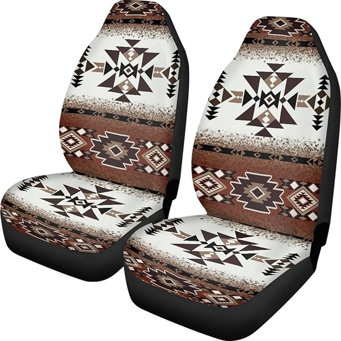 ELEQIN Car Seat Covers Two Front Only for Car, Brown Aztec Geometric Automotive Interior Covers, Quick Setup Universal Fit Seat Covers for Car, Truck, SUV