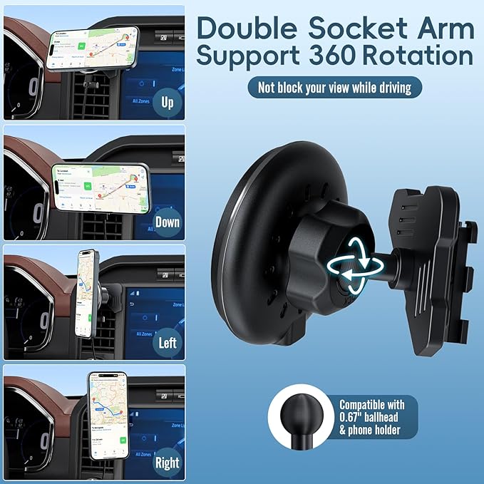 Car Vent Wireless Charger Magnetic Phone Mount Compatible with 2021-2026 Ford F-150, 2023-2026 Super Duty F250/F350/F450, Metal Phone Holder Cradles Bracket Stand for All Smartphones (No Socket Arm)