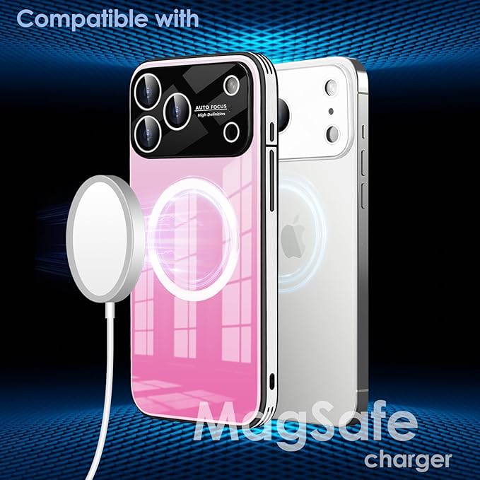 Guppy Compatible with iPhone 17 Pro Max Magnetic Case, with Full Camera Lens Protector [Compatible with MagSafe] Scratch Resistant Gradient Glass Back Cover Phone Case-Pink