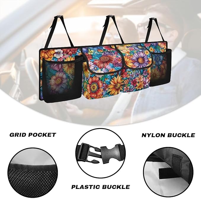 Boho Floral Flowers Backseat Trunk Organizer for Car Dahlia Hanging Cargo Bag Sturdy Trunk Storage Bag with 4 Storage Bags and 3 Adjustable Buckles
