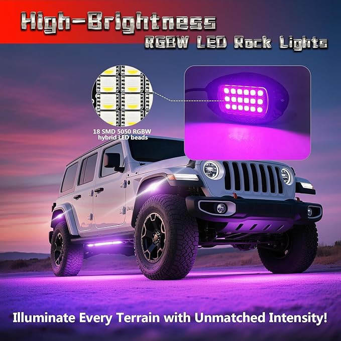 20 Pods Alloy RGBW LED Rock Lights for ATV UTV Golf Cart RZR Semi Truck RV Offroad SUV Cars, Upgraded RGB Waterproof Multicolor Neon Underglow Light with APP/RF Remote Music Mode, Underbody Lighting