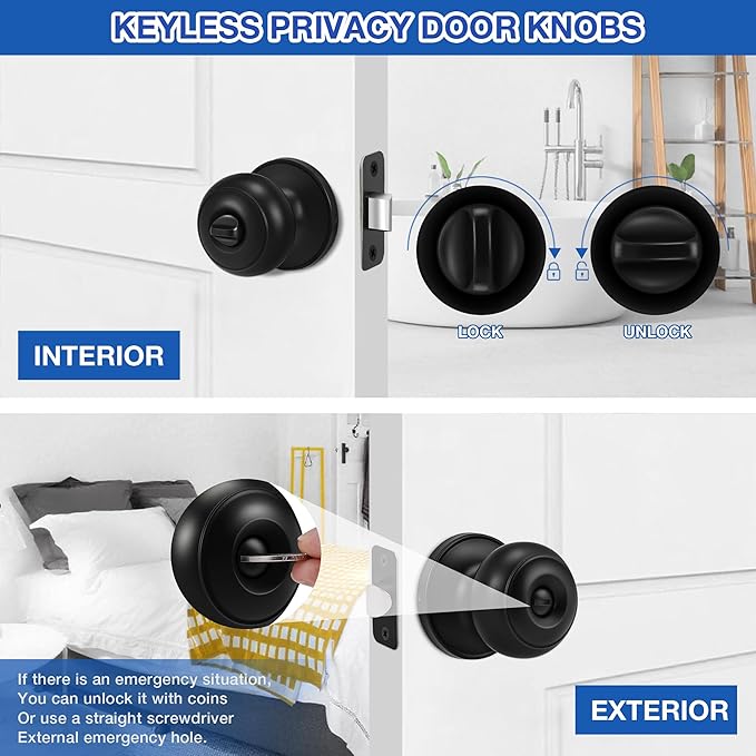 Plustool 10 Pack Matte Black Door knobs, Keyless Interior Door Locks, Round Ball Keyless Doorknobs with Lock Privacy Door Handle for Bedroom Bathroom